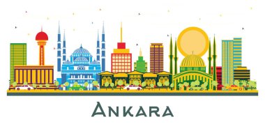 Ankara Türkiye 'nin Gökdeleni ve Beyazın Üzerinde Renkli Binalar. Vektör İllüstrasyonu. Tarihi Binalarla İş Seyahatleri ve Turizm Konsepti. Ankara Kent Simgeleriyle.