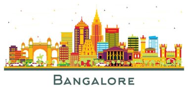 Bangalore India City Skyline ve Renkli Binalar beyaza izole edilmiş. Vektör İllüstrasyonu. Tarihi Mimariyle İş Seyahati ve Turizm Konsepti. Simgeli Bangalore Şehir Manzarası.