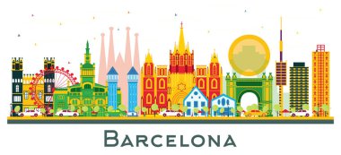 Barselona İspanya Şehri Skyline ve Beyaz Renkli Binalar. Vektör İllüstrasyonu. Tarihi Binalarla İş Seyahatleri ve Turizm Konsepti. Simgeli Barcelona Şehir Manzarası.