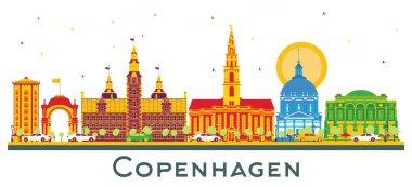 Kopenhag Danimarka Şehri Skyline 'ı ve Beyaz Renk Binaları izole edildi. Vektör İllüstrasyonu. Tarihi Binalarla İş Seyahatleri ve Turizm Konsepti. Tarihi Simgeli Kopenhag Kenti.