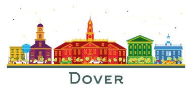 Dover Delaware City Skyline, Renkli Binalar ve Mavi Gökyüzü. Vektör İllüstrasyonu. Tarihi Binalarla İş Seyahatleri ve Turizm Konsepti. Tarihi Simgeli Dover Şehir Manzarası.
