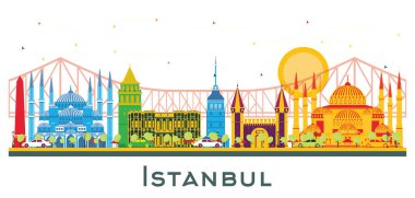 Beyazın üzerinde Renkli Simgeler bulunan İstanbul Türkiye Şehri Skyline. Vektör İllüstrasyonu. İstanbul 'la İş Seyahat ve Turizm Konsepti. İstanbul Kent Simgeleriyle.