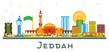 Jeddah Suudi Arabistan Şehri Skyline Renk Binaları beyaza izole edilmiş. Vektör İllüstrasyonu. Modern Binalarla İş Seyahatleri ve Turizm Konsepti. Simgeli Jeddah Şehir Manzarası.
