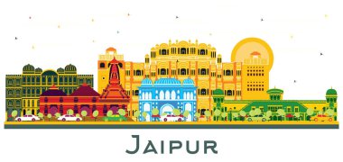 Jaipur India City Skyline ve White 'da izole edilmiş Renk Binaları. Vektör İllüstrasyonu. İş Seyahat ve Turizm Konsepti. Tarihi Simgeli Jaipur Kenti.