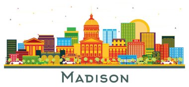 Madison Wisconsin City Skyline Renkli Binaları beyaza izole edilmiş. Vektör İllüstrasyonu. Modern Binalarla İş Seyahatleri ve Turizm Konsepti. Tarihi Simgeli Madison Şehir Manzarası.