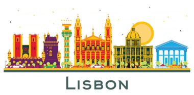 Lizbon Portekiz Şehri Skyline 'ı ve Beyaz Renk Binaları izole edildi. Vektör İllüstrasyonu. Tarihi Mimariyle İş Seyahati ve Turizm Konsepti. Tarihi Yer İmlerine sahip Lizbon Şehri.