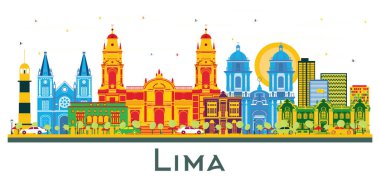 Lima Peru şehrinin silueti ve beyaza izole edilmiş renkli binalar. Vektör İllüstrasyonu. Lima City ile İş Seyahat ve Turizm Konsepti. Simgeli Lima Şehir Manzarası.
