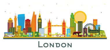 London UK City Skyline ve White 'da izole edilmiş Renk Binaları. Vektör İllüstrasyonu. Tarihi Simgelerle Londra Şehri.