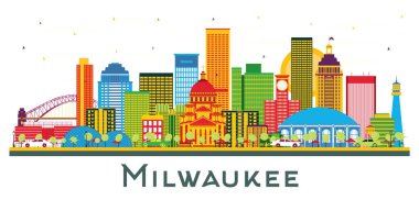 Milwaukee City Skyline Renkli Binalar Beyazlar 'da izole edilmiş. Vektör İllüstrasyonu. Modern Binalarla İş Seyahatleri ve Turizm Konsepti. Simgeli Milwaukee Şehir Manzarası.