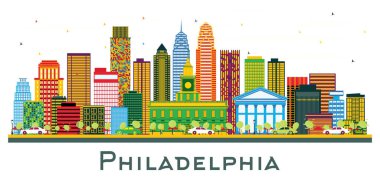 Philadelphia Pensilvanya Şehri Skyline 'ı ve Beyaz Renkli Binalar. Vektör İllüstrasyonu. Philadelphia City ile İş Seyahat ve Turizm Konsepti. Tarihi Simgelere sahip Philadelphia Şehri.