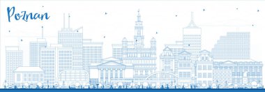 Poznan Poland City Skyline ile Blue Buildings 'i özetleyin. Vektör İllüstrasyonu. Tarihi Simgelerle Poznan Şehri. Tarihi Mimariyle İş Seyahati ve Turizm Konsepti.