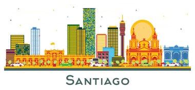 Santiago Şili Şehri Skyline ve Beyaz Renkli Binalar. Vektör İllüstrasyonu. Modern Binalarla İş Seyahatleri ve Turizm Konsepti. Tarihi Simgelere sahip Santiago Şehri.