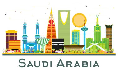 Beyaz üzerinde Renkli Simgeler olan Suudi Arabistan silueti. Vektör İllüstrasyonu. İş Seyahat ve Turizm Konsepti. Tarihi işaretli Suudi Arabistan Şehir Manzarası.