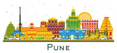 Pune India City Skyline ve Renkli Binalar beyaza izole edilmiş. Vektör İllüstrasyonu. Tarihi Binalarla İş Seyahatleri ve Turizm Konsepti. Simgeli Pune Şehir Manzarası.