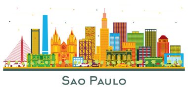 Sao Paulo Brezilya Şehri Skyline ve Renkli Binalar beyaza izole edilmiş. Vektör İllüstrasyonu. Modern Binalarla İş Seyahatleri ve Turizm Konsepti. Simgeli Sao Paulo Şehir Manzarası.