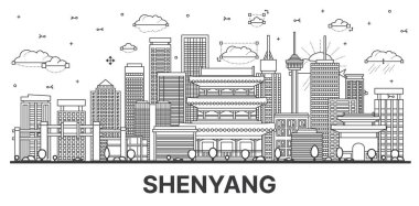 Shenyang China City Skyline 'ın ana hatlarıyla modern ve tarihi binalar beyaza izole edilmiştir. Vektör İllüstrasyonu. Simgeli Shenyang Şehri.