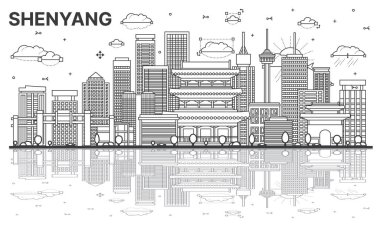 Shenyang China City Skyline ana hatlarıyla Yansımalar, Modern ve Tarihi Binalar beyaza izole edildi. Vektör İllüstrasyonu. Simgeli Shenyang Şehri.