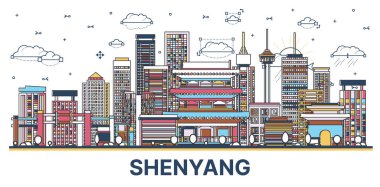 Shenyang China City Skyline 'ın ana hatları, beyaza izole edilmiş renkli modern ve tarihi binalar. Vektör İllüstrasyonu. Simgeli Shenyang Şehri.