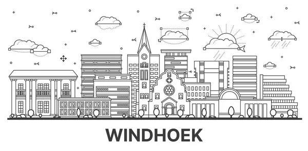 概要白を基調としたモダンな歴史的建造物が立ち並ぶウィンドウフックナミビアシティスカイライン ベクトルイラスト ランドマークとWindhoekの都市景観 — ストックベクタ