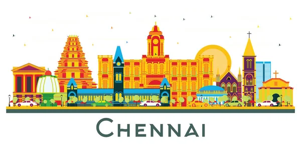Chennai India City Skyline Mit Farbigen Sehenswürdigkeiten Isoliert Auf Weiß — Stockvektor