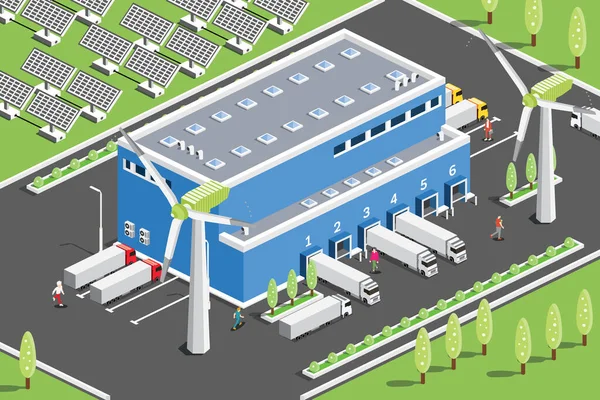 Centro Logistico Distribuzione Isometrica Con Pannelli Solari Turbine Eoliche Magazzino — Vettoriale Stock