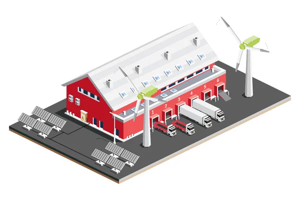 带有风力涡轮机的太阳能电池板的等距分布物流中心 有卡车的仓库储存设施 病媒说明 装卸港 环保环保屋 — 图库矢量图片