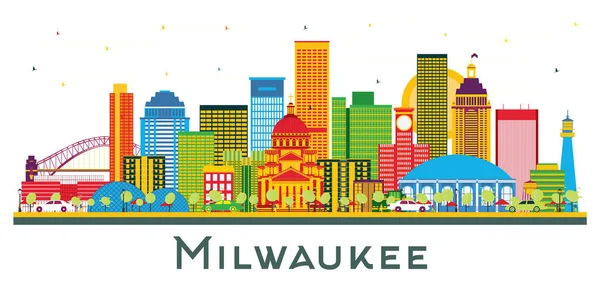 Milwaukee City Skyline Renkli Binalar Beyazlar Izole Edilmiş Vektör Llüstrasyonu — Stok Vektör