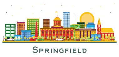 Springfield 'ın Skyline şehrinde beyaz renkli binalar izole edilmiş. Vektör İllüstrasyonu. İş Seyahat ve Turizm Konsepti. Springfield şehir simgeleriyle.