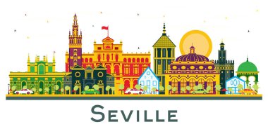 Seville İspanya Şehri Skyline 'ı ve Beyaz Renkli Binalar. Vektör İllüstrasyonu. Tarihi Binalarla İş Seyahatleri ve Turizm Konsepti. Yer İmlerine sahip şehir manzarası.