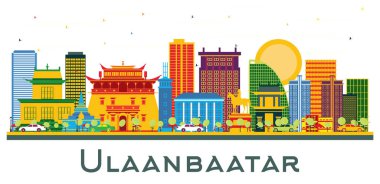 Ulaanbaatar Moğolistan şehrinin Skyline 'ı. Renkli binalar beyaza izole edilmiş. Vektör İllüstrasyonu. Tarihi Mimariyle İş Seyahati ve Turizm Konsepti. Tarihi işaretli Ulaanbaatar şehir manzarası.