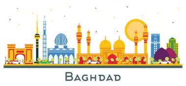 Bağdat Irak şehrinin Skyline 'ı. Renkli binalar beyaza izole edilmiş. Vektör İllüstrasyonu. Tarihi Binalarla İş Seyahatleri ve Turizm Konsepti. Bağdat Şehri 'nin simgeleriyle.