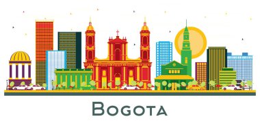 Bogota Kolombiya Şehri Skyline 'ı ve Beyaz Renk Binaları. Vektör İllüstrasyonu. Tarihi Binalarla İş Seyahatleri ve Turizm Konsepti. Yer İmlerine sahip şehir manzarası.