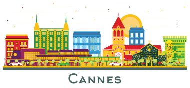 Cannes France 'ın Skyline şehrinde beyaz renkli binalar izole edildi. Vektör İllüstrasyonu. Tarihi Binalarla İş Seyahatleri ve Turizm Konsepti. Şehir simgeleriyle Cannes.