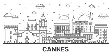 Cannes France City Skyline 'ın ana hatlarıyla Modern ve Tarihi Binalar beyaza izole edildi. Vektör İllüstrasyonu. Simgeli Cannes Şehir Alanı.