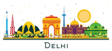 Delhi India City Skyline Renk Binaları beyaza izole edilmiş. Vektör İllüstrasyonu. Tarihi Mimariyle İş Seyahati ve Turizm Konsepti. Yer İmlerine sahip şehir manzarası.