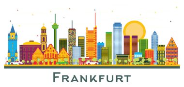 Frankfurt Almanya Şehri Skyline ve Beyaz Renkli Binalar. Vektör İllüstrasyonu. Modern Binalarla İş Seyahatleri ve Turizm Konsepti. Yer İmlerine sahip şehir manzarası.
