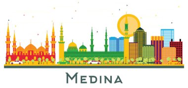 Medine Suudi Arabistan 'ın Skyline şehrinde beyaz renkli binalar izole edildi. Vektör İllüstrasyonu. Tarihi Binalarla İş Seyahatleri ve Turizm Konsepti. Kent simgeleriyle Medine.