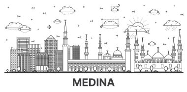 Medine Suudi Arabistan 'ın modern ve tarihi binaları beyaza izole edilmiş Skyline' ı. Vektör İllüstrasyonu. Tarihi Simgelerle Medine Şehri.