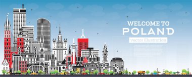 Gri Binalar ve Mavi Gökyüzü ile Polonya Şehri Skyline. Vektör İllüstrasyonu. Modern Mimarlık kavramı. Polonya Şehir Manzarası 'nın simgeleri. Varşova. Krakow. Lodz. Yılan pençesi. Poznan..