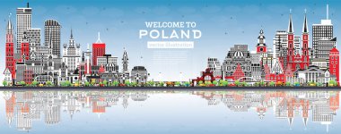 Gri Binaları, Mavi Gökyüzü ve Yansımaları olan Polonya Şehri Skyline. Vektör İllüstrasyonu. Modern Mimarlık kavramı. Polonya Şehir Manzarası 'nın simgeleri. Varşova. Krakow. Lodz. Yılan pençesi. Poznan..