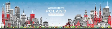 Gri Binalar ve Mavi Gökyüzü ile Polonya Şehri Skyline. Vektör İllüstrasyonu. Modern Mimarlık kavramı. Polonya Şehir Manzarası 'nın simgeleri. Varşova. Krakow. Lodz. Yılan pençesi. Poznan..