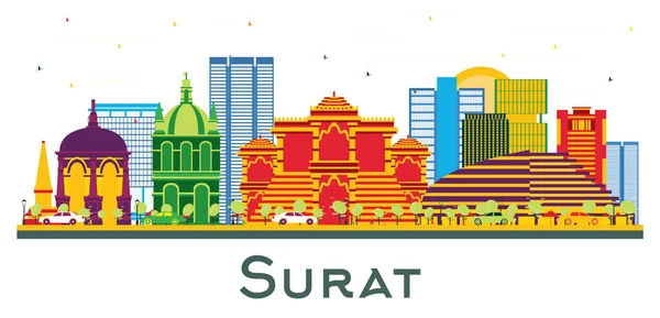 Surat India City Skyline Mit Farbigen Gebäuden Isoliert Auf Weiß — Stockvektor