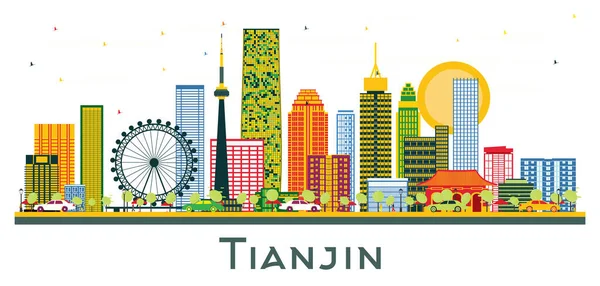 Tianjin China City Skyline Avec Bâtiments Couleur Isolés Sur Blanc — Image vectorielle