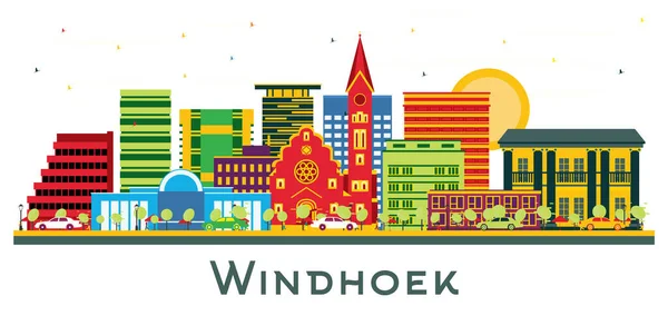 Windhoek Cidade Namíbia Skyline Com Edifícios Coloridos Isolados Branco Ilustração — Vetor de Stock