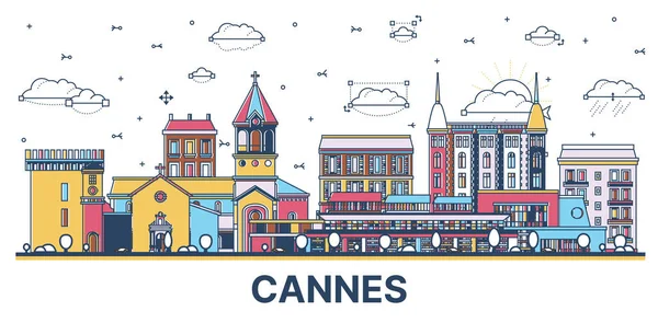 Cannes France City Skyline 'ın ana hatları, beyaza izole edilmiş renkli modern ve tarihi binalar. Vektör İllüstrasyonu. Simgeli Cannes Şehir Alanı.