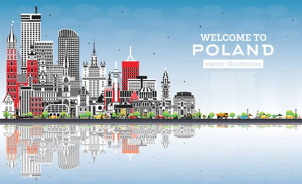 Polens Stadtsilhouette Mit Grauen Gebäuden Blauem Himmel Und Spiegelungen Vektorillustration — Stockvektor
