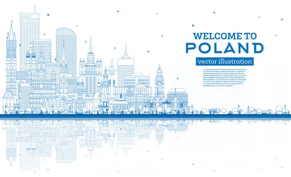 Umreißen Sie Die Skyline Polens Mit Blauen Gebäuden Und Spiegelungen — Stockvektor