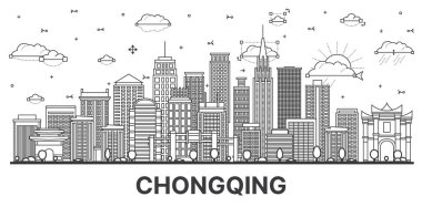 Chongqing China City Skyline 'ın ana hatlarıyla modern ve tarihi binalar beyaza izole edilmiştir. Vektör İllüstrasyonu. Tarihi İşaretli Chongqing Şehir Manzarası.