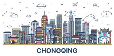 Chongqing China City Skyline 'ın ana hatlarıyla beyaza izole edilmiş renkli modern ve tarihi binalar. Vektör İllüstrasyonu. Tarihi İşaretli Chongqing Şehir Manzarası.