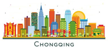 Chongqing Çin şehri Skyline, Renkli Binalar beyaz üzerine izole edilmiş. Vektör İllüstrasyonu. Chongqing Modern Binaları ile İş Seyahat ve Turizm Konsepti. Chongqing şehir simgeleri ile.